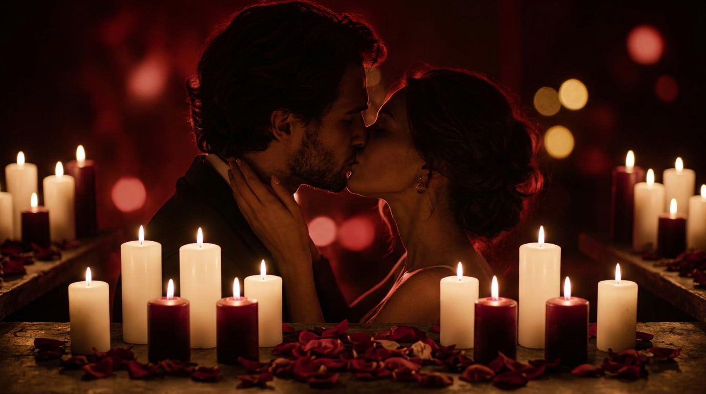Casal se beijando cercado por velas acesas em um trabalho de amarração amorosa
