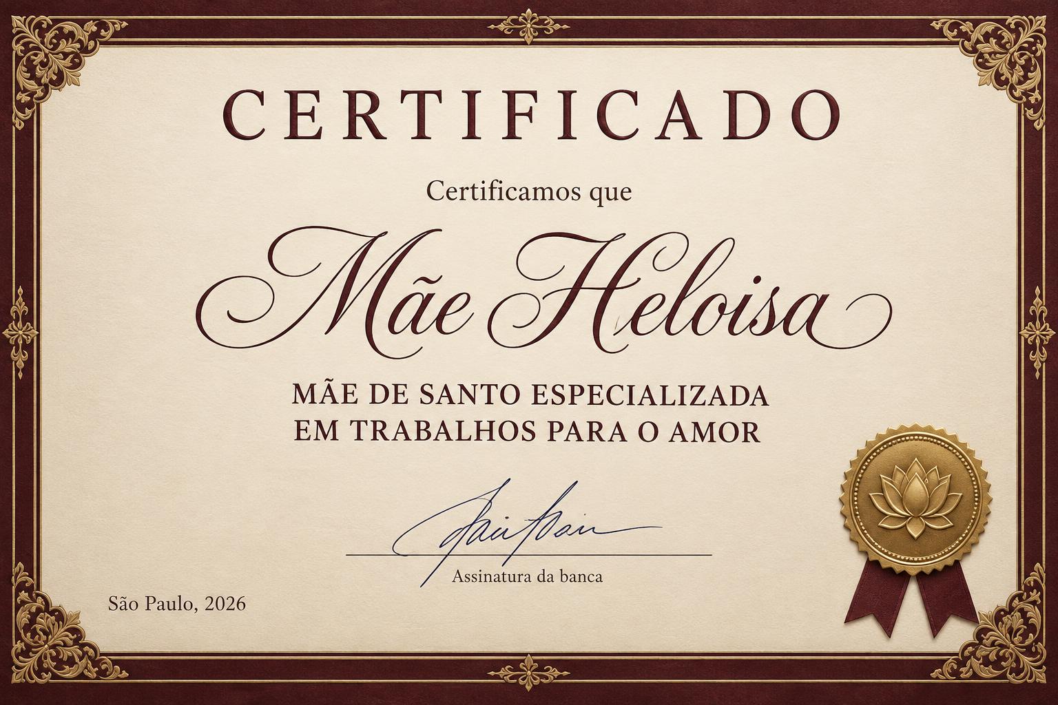 Certificado de Mãe de Santo Especializada em Trabalhos para o Amor concedido a Mãe Heloisa